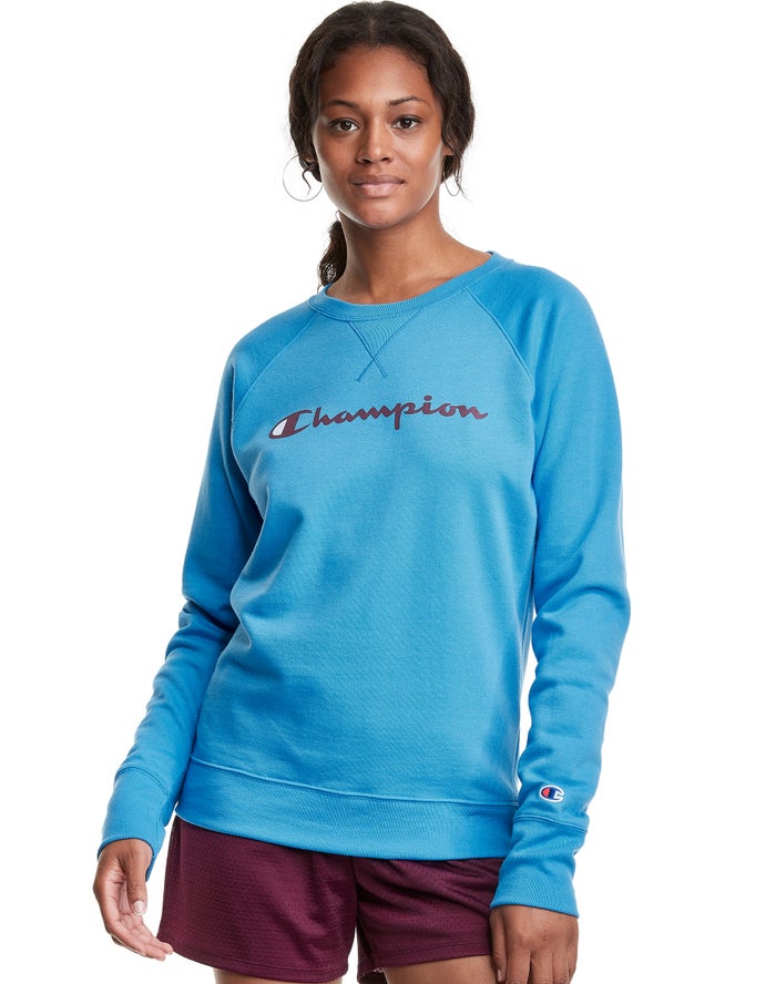 Champion Powerblend Fleece Classic Crew Script Logo Kadın Sweatshirt Mavi ( TGNVDX435 )